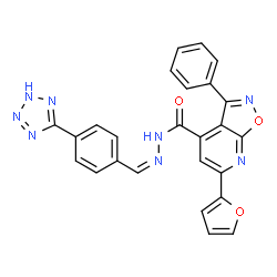 ChemSpider 2D Image | 6-(2-Furyl)-3-phenyl-N'-{(Z)-[4-(2H-tetrazol-5-yl)phenyl]methylene}[1,2]oxazolo[5,4-b]pyridine-4-carbohydrazide | C25H16N8O3