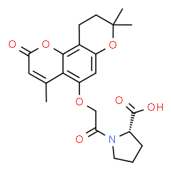 ChemSpider 2D Image | 1-{[(4,8,8-Trimethyl-2-oxo-9,10-dihydro-2H,8H-pyrano[2,3-f]chromen-5-yl)oxy]acetyl}-L-proline | C22H25NO7