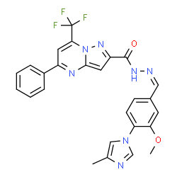 ChemSpider 2D Image | N'-{(Z)-[3-Methoxy-4-(4-methyl-1H-imidazol-1-yl)phenyl]methylene}-5-phenyl-7-(trifluoromethyl)pyrazolo[1,5-a]pyrimidine-2-carbohydrazide | C26H20F3N7O2
