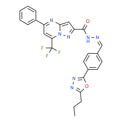 ChemSpider 2D Image | 5-Phenyl-N'-{(Z)-[4-(5-propyl-1,3,4-oxadiazol-2-yl)phenyl]methylene}-7-(trifluoromethyl)pyrazolo[1,5-a]pyrimidine-2-carbohydrazide | C26H20F3N7O2
