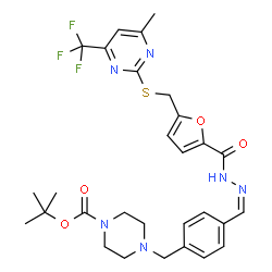 ChemSpider 2D Image | 2-Methyl-2-propanyl 4-{4-[(Z)-{[5-({[4-methyl-6-(trifluoromethyl)-2-pyrimidinyl]sulfanyl}methyl)-2-furoyl]hydrazono}methyl]benzyl}-1-piperazinecarboxylate | C29H33F3N6O4S