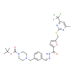 ChemSpider 2D Image | 2-Methyl-2-propanyl 4-{3-[(Z)-{[5-({[4-methyl-6-(trifluoromethyl)-2-pyrimidinyl]sulfanyl}methyl)-2-furoyl]hydrazono}methyl]benzyl}-1-piperazinecarboxylate | C29H33F3N6O4S