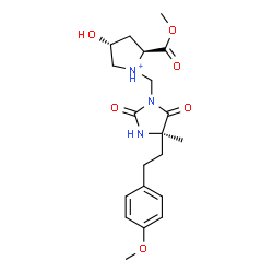 ChemSpider 2D Image | (2S,4R)-4-Hydroxy-2-(methoxycarbonyl)-1-({(4R)-4-[2-(4-methoxyphenyl)ethyl]-4-methyl-2,5-dioxo-1-imidazolidinyl}methyl)pyrrolidinium | C20H28N3O6