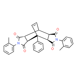 ChemSpider 2D Image | (2R,6R,8R,12S)-4,10-Bis(2-methylphenyl)-1-phenyl-4,10-diazatetracyclo[5.5.2.0~2,6~.0~8,12~]tetradec-13-ene-3,5,9,11-tetrone | C32H26N2O4