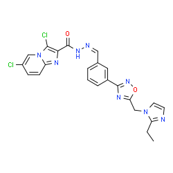 ChemSpider 2D Image | 3,6-Dichloro-N'-[(Z)-(3-{5-[(2-ethyl-1H-imidazol-1-yl)methyl]-1,2,4-oxadiazol-3-yl}phenyl)methylene]imidazo[1,2-a]pyridine-2-carbohydrazide | C23H18Cl2N8O2