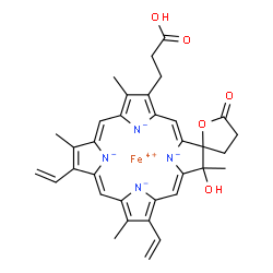 ChemSpider 2D Image | Iron(4+) (2'Z,6'Z,12'Z,16'Z)-20'-(2-carboxyethyl)-5'-hydroxy-5',10',15',19'-tetramethyl-5-oxo-9',14'-divinyl-4,5-dihydro-3H-spiro[furan-2,4'-[21,22,23,24]tetraazapentacyclo[16.2.1.1~3,6~.1~8,11~.1~13,
16~]tetracosa[1(20),2,6,8,10,12,14,16,18]nonaene[21,22,23,24]tetraide] | C34H32FeN4O5