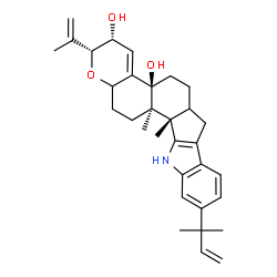 ChemSpider 2D Image | (2R,3R,4bS,12bS,12cR)-2-Isopropenyl-12b,12c-dimethyl-10-(2-methyl-3-buten-2-yl)-2,3,5,6,6a,7,12,12b,12c,13,14,14a-dodecahydro-4bH-chromeno[5',6':6,7]indeno[1,2-b]indole-3,4b-diol | C32H41NO3