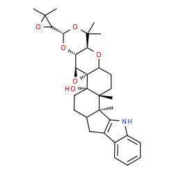 ChemSpider 2D Image | (3S,4aR,4bS,5aS,5bS,13bS,13cR,16aS)-3-[(2S)-3,3-Dimethyl-2-oxiranyl]-1,1,13b,13c-tetramethyl-1,4a,4b,6,7,7a,8,13,13b,13c,14,15,15a,16a-tetradecahydro-5bH-[1,3]dioxino[5'',4'':2',3']oxireno[4',4a']chro
meno[5',6':6,7]indeno[1,2-b]indol-5b-ol | C32H41NO6