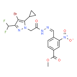 ChemSpider 2D Image | Methyl 4-[(Z)-({[4-bromo-5-cyclopropyl-3-(difluoromethyl)-1H-pyrazol-1-yl]acetyl}hydrazono)methyl]-3-nitrobenzoate | C18H16BrF2N5O5