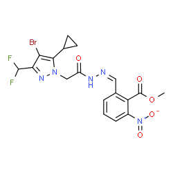 ChemSpider 2D Image | Methyl 2-[(Z)-({[4-bromo-5-cyclopropyl-3-(difluoromethyl)-1H-pyrazol-1-yl]acetyl}hydrazono)methyl]-6-nitrobenzoate | C18H16BrF2N5O5