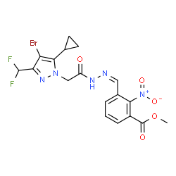 ChemSpider 2D Image | Methyl 3-[(Z)-({[4-bromo-5-cyclopropyl-3-(difluoromethyl)-1H-pyrazol-1-yl]acetyl}hydrazono)methyl]-2-nitrobenzoate | C18H16BrF2N5O5