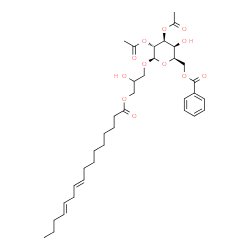 ChemSpider 2D Image | 3-[(2,3-Di-O-acetyl-6-O-benzoyl-beta-D-galactopyranosyl)oxy]-2-hydroxypropyl (9E,12E)-9,12-hexadecadienoate | C36H52O12