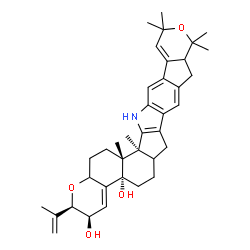 ChemSpider 2D Image | (2R,3R,4bS,15bS,15cR)-2-Isopropenyl-10,10,12,12,15b,15c-hexamethyl-2,3,5,6,6a,7,9,9a,10,12,15,15b,15c,16,17,17a-hexadecahydro-4bH-chromeno[5',6':6,7]indeno[1,2-b]pyrano[4',3':3,4]cyclopenta[1,2-f]indo
le-3,4b-diol | C37H47NO4