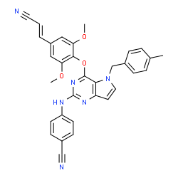ChemSpider 2D Image | 4-{[4-{4-[(E)-2-Cyanovinyl]-2,6-dimethoxyphenoxy}-5-(4-methylbenzyl)-5H-pyrrolo[3,2-d]pyrimidin-2-yl]amino}benzonitrile | C32H26N6O3