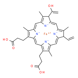 ChemSpider 2D Image | Iron(4+) 13,17-bis(2-carboxyethyl)-7-(1-hydroxyvinyl)-3,8,12,18-tetramethyl-2-vinyl-2H,7H-porphine-21,22,23,24-tetraide | C34H34FeN4O5