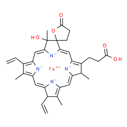 ChemSpider 2D Image | Iron(4+) (2'Z,6'Z,12'Z,17'Z)-20'-(2-carboxyethyl)-5'-hydroxy-5',10',15',19'-tetramethyl-5-oxo-9',14'-divinyl-4,5-dihydro-3H-spiro[furan-2,4'-[21,22,23,24]tetraazapentacyclo[16.2.1.1~3,6~.1~8,11~.1~13,
16~]tetracosa[1(20),2,6,8,10,12,15,17]octaene[21,22,23,24]tetraide] | C34H34FeN4O5