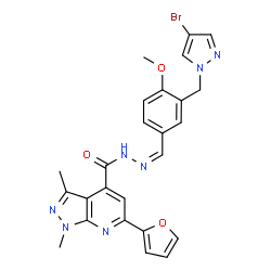 ChemSpider 2D Image | N'-[(Z)-{3-[(4-Bromo-1H-pyrazol-1-yl)methyl]-4-methoxyphenyl}methylene]-6-(2-furyl)-1,3-dimethyl-1H-pyrazolo[3,4-b]pyridine-4-carbohydrazide | C25H22BrN7O3