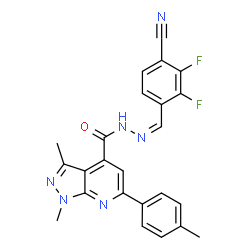 ChemSpider 2D Image | N'-[(Z)-(4-Cyano-2,3-difluorophenyl)methylene]-1,3-dimethyl-6-(4-methylphenyl)-1H-pyrazolo[3,4-b]pyridine-4-carbohydrazide | C24H18F2N6O