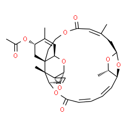 ChemSpider 2D Image | (1'R,2S,3'R,6'S,8'R,13'Z,16'R,18'S,19'S,20'Z,22'Z,26'R,27'S)-5',14',18',27'-Tetramethyl-12',24'-dioxospiro[oxirane-2,28'-[2,11,17,25,30]pentaoxapentacyclo[24.2.1.1~16,19~.0~3,8~.0~8,27~]triaconta[4,13
,20,22]tetraen]-6'-yl acetate | C32H40O10
