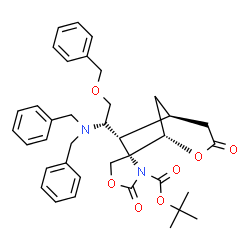 ChemSpider 2D Image | 2-Methyl-2-propanyl (1S,5S,6S,7S)-7-[(1S)-2-(benzyloxy)-1-(dibenzylamino)ethyl]-2',3-dioxo-3'H-spiro[4-oxabicyclo[3.2.1]octane-6,4'-[1,3]oxazolidine]-3'-carboxylate | C37H42N2O7