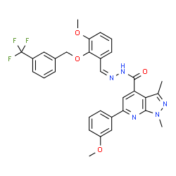 ChemSpider 2D Image | 6-(3-Methoxyphenyl)-N'-[(Z)-(3-methoxy-2-{[3-(trifluoromethyl)benzyl]oxy}phenyl)methylene]-1,3-dimethyl-1H-pyrazolo[3,4-b]pyridine-4-carbohydrazide | C32H28F3N5O4