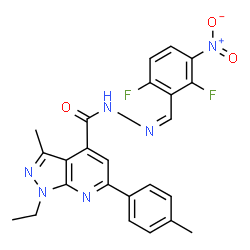 ChemSpider 2D Image | N'-[(Z)-(2,6-Difluoro-3-nitrophenyl)methylene]-1-ethyl-3-methyl-6-(4-methylphenyl)-1H-pyrazolo[3,4-b]pyridine-4-carbohydrazide | C24H20F2N6O3