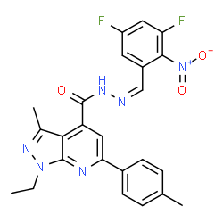 ChemSpider 2D Image | N'-[(Z)-(3,5-Difluoro-2-nitrophenyl)methylene]-1-ethyl-3-methyl-6-(4-methylphenyl)-1H-pyrazolo[3,4-b]pyridine-4-carbohydrazide | C24H20F2N6O3