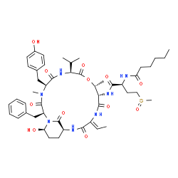 ChemSpider 2D Image | N-[(2S)-1-{[(2S,5S,8S,11R,12S,18S,21R)-2-Benzyl-15-ethylidene-21-hydroxy-5-(4-hydroxybenzyl)-8-isopropyl-4,11-dimethyl-3,6,9,13,16,22-hexaoxo-10-oxa-1,4,7,14,17-pentaazabicyclo[16.3.1]docos-12-yl]amin
o}-4-(methylsulfinyl)-1-oxo-2-butanyl]hexanamide | C48H67N7O12S