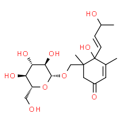 ChemSpider 2D Image | {2-Hydroxy-2-[(1E)-3-hydroxy-1-buten-1-yl]-1,3-dimethyl-5-oxo-3-cyclohexen-1-yl}methyl beta-D-glucopyranoside | C19H30O9