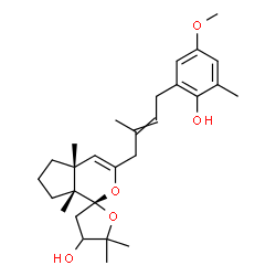 ChemSpider 2D Image | (1R,4aR,7aR)-3-[4-(2-Hydroxy-5-methoxy-3-methylphenyl)-2-methyl-2-buten-1-yl]-4a,5',5',7a-tetramethyl-4',5,5',6,7,7a-hexahydro-3'H,4aH-spiro[cyclopenta[c]pyran-1,2'-furan]-4'-ol | C28H40O5