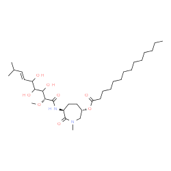 ChemSpider 2D Image | (3S,6S)-1-Methyl-7-oxo-6-{[(2R,6E)-3,4,5-trihydroxy-2-methoxy-8-methyl-6-nonenoyl]amino}-3-azepanyl myristate | C32H58N2O8