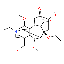 ChemSpider 2D Image | (5xi,9xi,10xi,17S)-8-Ethoxy-20-ethyl-1,6,16-trimethoxy-4-(methoxymethyl)aconitane-3,13,14-triol | C27H45NO8