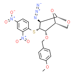 ChemSpider 2D Image | (1R,2S,3R,4S,5S)-4-Azido-3-[(2,4-dinitrophenyl)sulfanyl]-2-[(4-methoxybenzyl)oxy]-6,8-dioxabicyclo[3.2.1]octane | C20H19N5O8S