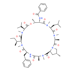 ChemSpider 2D Image | N-{(3S,6S,9S,12S,15R,16S,19S,22S,26R,27aS)-6-Benzyl-9-[(2S)-2-butanyl]-19-isobutyl-12-isopropyl-2,3,8,11,15,18,21,22,26-nonamethyl-1,4,7,10,13,17,20,23-octaoxotetracosahydro-1H,15H-pyrrolo[2,1-o][1,4,
7,10,13,16,19,22]oxaheptaazacyclopentacosin-16-yl}benzamide | C54H80N8O10