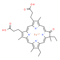 ChemSpider 2D Image | Iron(4+) 8,12-bis(2-carboxyethyl)-2,18-diethyl-2,7,13,17-tetramethyl-3-oxo-2H,3H-porphine-21,22,23,24-tetraide | C34H36FeN4O5