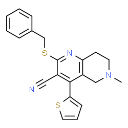 ChemSpider 2D Image | 2-(Benzylsulfanyl)-6-methyl-4-(2-thienyl)-5,6,7,8-tetrahydro-1,6-naphthyridine-3-carbonitrile | C21H19N3S2