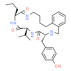 ChemSpider 2D Image | (3R,6R,9S)-3-(4-Hydroxybenzyl)-6-isopropyl-9-propyl-2,3,5,6,8,9,12,13,14,15-decahydro-1H-2,5,8,11-benzotetraazacycloheptadecine-4,7,10(11H)-trione | C30H42N4O4