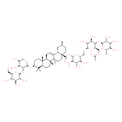 ChemSpider 2D Image | 6-Deoxy-alpha-L-mannopyranosyl-(1->4)-6-O-acetyl-beta-D-glucopyranosyl-(1->6)-1-O-{[(4aS,6aS,6bR,8aR,10S,12aR,12bR,14bS)-10-{[2-O-(beta-D-glucopyranosyl)-alpha-L-arabinopyranosyl]oxy}-6a,6b,9,9,12a-pe
ntamethyl-2-methylene-1,3,4,5,6,6a,6b,7,8,8a,9,10,11,12,12a,12b,13,14b-octadecahydro-4a(2H)-picenyl]carbonyl}-beta-D-glucopyranose | C60H94O27