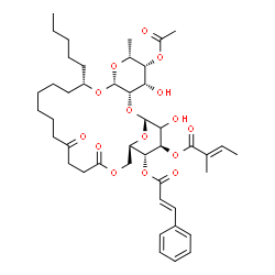 ChemSpider 2D Image | (1S,3S,4S,5R,6R,8R,10S,23R,24R,25R)-5-Acetoxy-4,26-dihydroxy-6-methyl-17,20-dioxo-10-pentyl-24-{[(2E)-3-phenyl-2-propenoyl]oxy}-2,7,9,21,27-pentaoxatricyclo[21.3.1.0~3,8~]heptacos-25-yl (2E)-2-methyl-
2-butenoate | C44H62O15