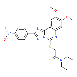 ChemSpider 2D Image | 2-[[8,9-Dimethoxy-2-(4-nitrophenyl)[1,2,4]triazolo[1,5-c]quinazolin-5-yl]thio]-N,N-diethylacetamide | C23H24N6O5S