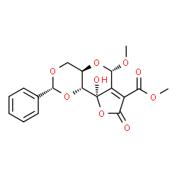 ChemSpider 2D Image | Methyl (2R,4aR,6S,9aR,9bR)-9a-hydroxy-6-methoxy-8-oxo-2-phenyl-4,4a,6,8,9a,9b-hexahydrofuro[2',3':4,5]pyrano[3,2-d][1,3]dioxine-7-carboxylate | C18H18O9