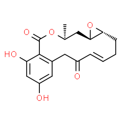 ChemSpider 2D Image | (1aR,4E,14S,15aR)-9,11-Dihydroxy-14-methyl-1a,14,15,15a-tetrahydro-2H-oxireno[e][2]benzoxacyclotetradecine-6,12(3H,7H)-dione | C18H20O6