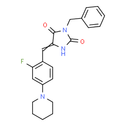 ChemSpider 2D Image | 3-Benzyl-5-[2-fluoro-4-(1-piperidinyl)benzylidene]-2,4-imidazolidinedione | C22H22FN3O2