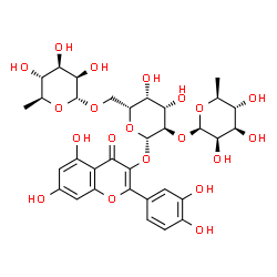 ChemSpider 2D Image | 2-(3,4-Dihydroxyphenyl)-5,7-dihydroxy-4-oxo-4H-chromen-3-yl 6-deoxy-alpha-L-mannopyranosyl-(1->6)-[6-deoxy-beta-L-mannopyranosyl-(1->2)]-beta-D-galactopyranoside | C33H40O20