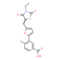 ChemSpider 2D Image | 3-{5-[(3-Ethyl-2,4-dioxo-1,3-thiazolidin-5-ylidene)methyl]-2-furyl}-4-methylbenzoic acid | C18H15NO5S