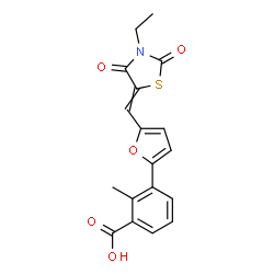 ChemSpider 2D Image | 3-{5-[(3-Ethyl-2,4-dioxo-1,3-thiazolidin-5-ylidene)methyl]-2-furyl}-2-methylbenzoic acid | C18H15NO5S