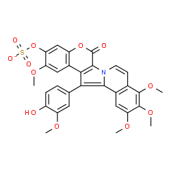 ChemSpider 2D Image | 14-(4-Hydroxy-3-methoxyphenyl)-2,10,11,12-tetramethoxy-6-oxo-6H-chromeno[4',3':4,5]pyrrolo[2,1-a]isoquinolin-3-yl sulfate | C30H24NO12S