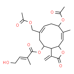 ChemSpider 2D Image | (6Z,10E)-9-Acetoxy-6-(acetoxymethyl)-10-methyl-3-methylene-2-oxo-2,3,3a,4,5,8,9,11a-octahydrocyclodeca[b]furan-4-yl (2E)-4-hydroxy-2-methyl-2-butenoate | C24H30O9