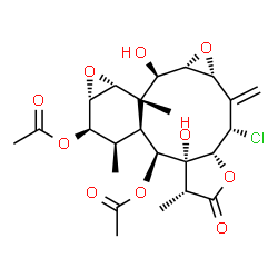 ChemSpider 2D Image | (1aR,3S,3aR,6R,6aR,7S,7aS,8R,9R,10S,11R,11aS,12R,12aS)-3-Chloro-6a,12-dihydroxy-6,8,11a-trimethyl-2-methylene-5-oxohexadecahydro-10,11-epoxybenzo[4,5]oxireno[7,8]cyclodeca[1,2-b]furan-7,9-diyl diacetate | C24H31ClO10