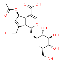 ChemSpider 2D Image | (1S,4aS,5R,7aS)-5-Acetoxy-1-(beta-D-glucopyranosyloxy)-7-(hydroxymethyl)-1,4a,5,7a-tetrahydrocyclopenta[c]pyran-4-carboxylic acid | C18H24O12